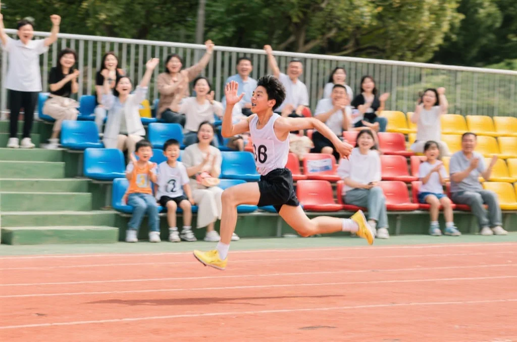 一位年轻运动员在田径场奋力冲刺,观众席上有家长和小朋友热情加油,氛围积极向上