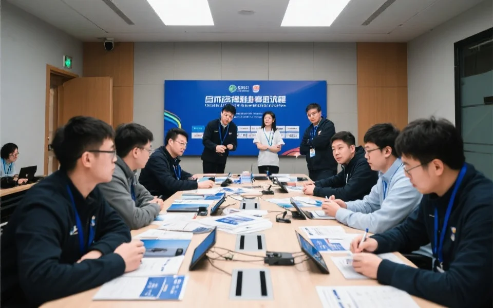 多位工作人员在会议室讨论赛事流程,桌上铺满赛事资料与电子设备,展现高效团队协作和专注氛围