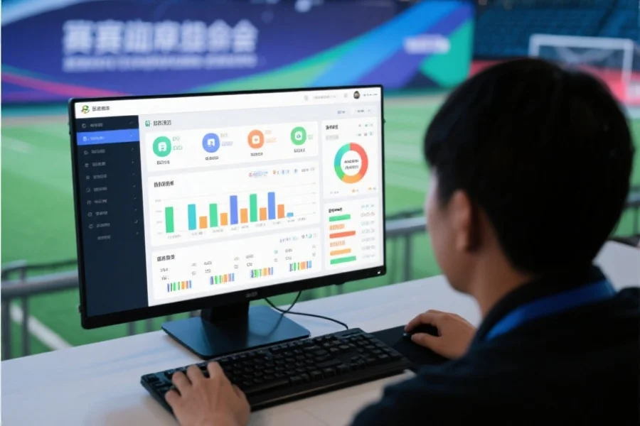一位赛事主办方正在使用电脑平台后台操作管理线上体育赛事,界面显示丰富的数据和管理工具