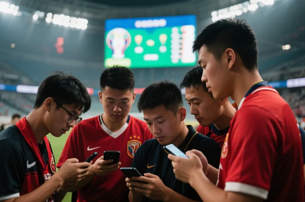 球迷紧盯大屏幕计算出线形势的现场氛围图